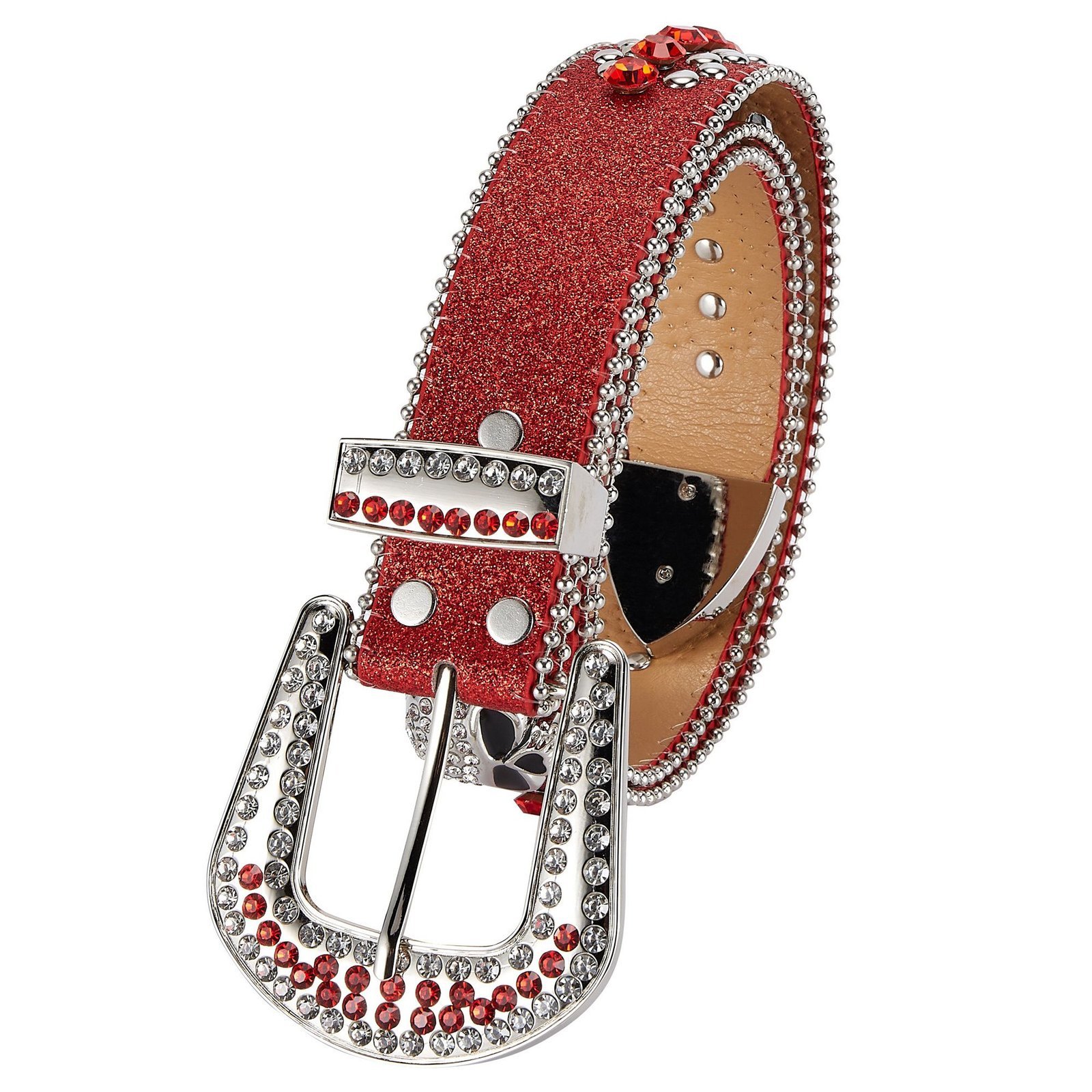 Unisex Rhinestone Bling Belt - Red and Silver - Skulls - Rhinestones - Faux Leather - FBL22-DL - Image 2
