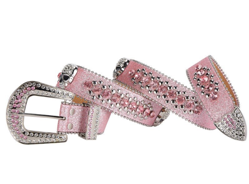Unisex Rhinestone Bling Belt - Pink and Silver - Skulls - Rhinestones - Faux Leather - FBL23-DL - Image 2