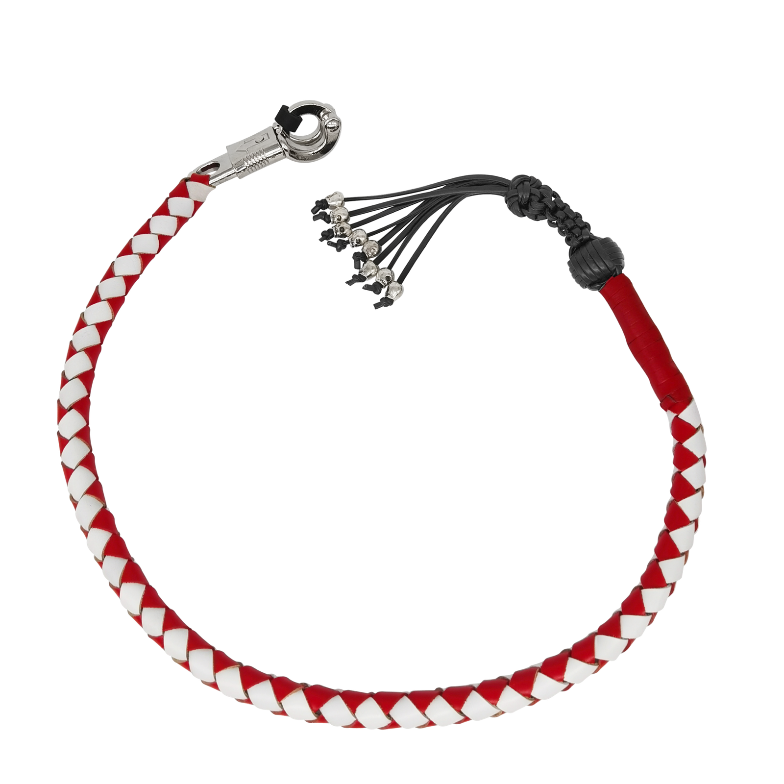 Get Back Whip - Red and White Leather - 36 Inches - Monkey Fist and Skulls - Motorcycle Accessories - FGBW12-HS-DL