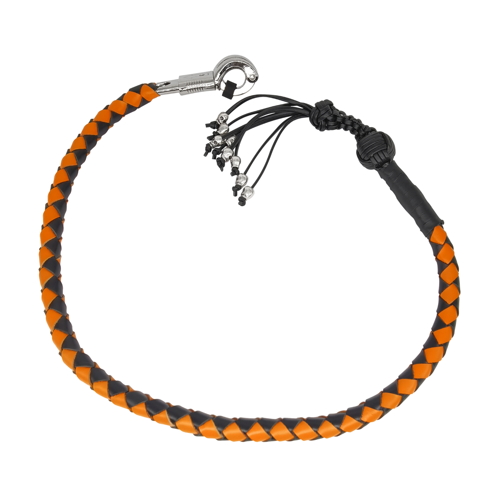 Get Back Whip - Black and Orange Leather - 36 Inches - Monkey Fist and Skulls - Motorcycle Accessories - FGBW9-HS-DL