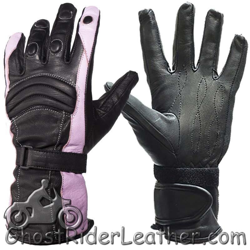 Ladies Leather Gauntlet Gloves in Pink and Black With Padded Knuckles - SKU GLZ60-PINK-DL - Image 2