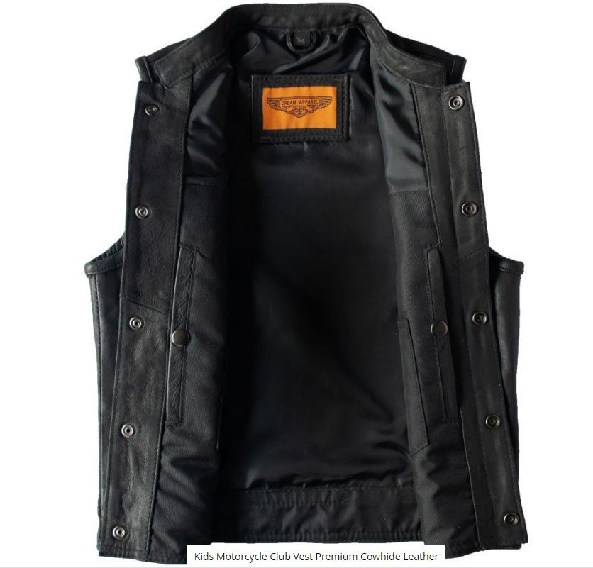 Leather Motorcycle Vest - Kid's - Black Leather - KD320-DL - Image 9