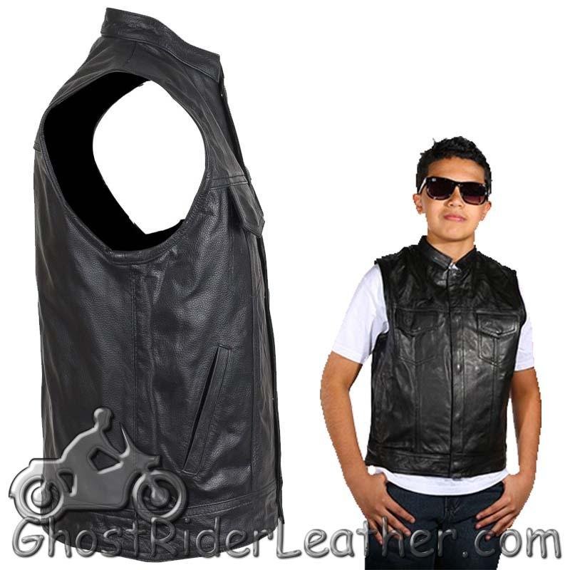 Leather Motorcycle Vest - Kid's - Black Leather - KD320-DL - Image 5