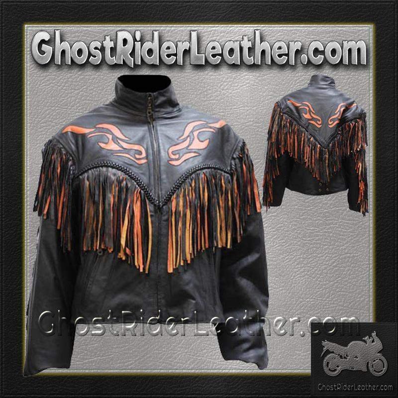 Women's Leather Motorcycle Jacket With Orange Flames and Fringe - SKU LJ259-DL - Image 6