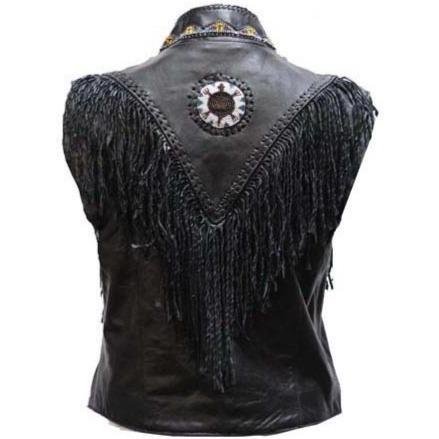 Women's Black Leather Western Style Beadwork and Bones Vest - SKU LV428-DL - Image 4