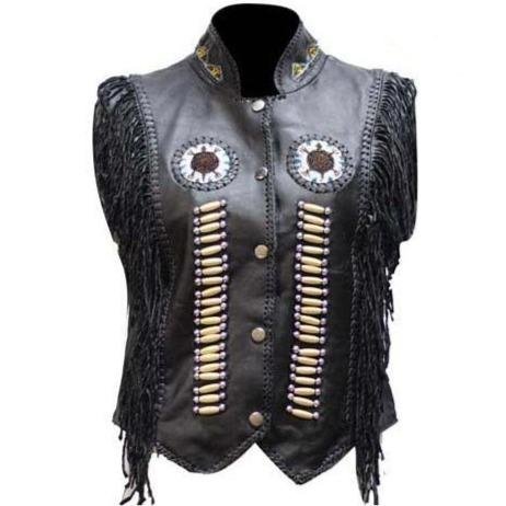 Women's Black Leather Western Style Beadwork and Bones Vest - SKU LV428-DL