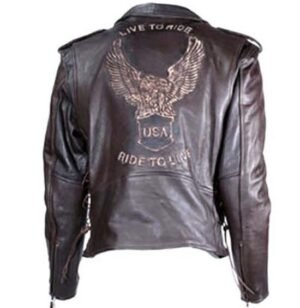 Embossed Eagle Retro Brown Motorcycle Jacket with Side Laces and Live To Ride - MJ703-09-DL