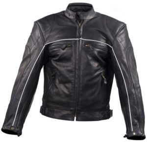 Leather Motorcycle Jacket - Men's - Black - Reflective Piping - MJ780-BLK-DL