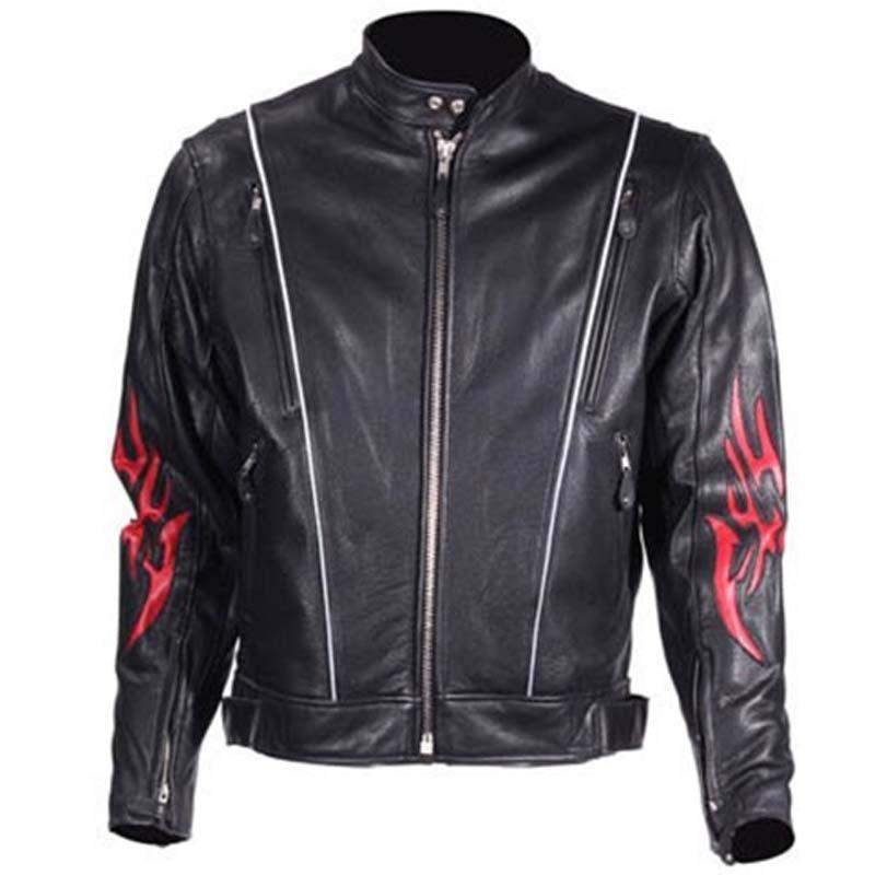 Leather Racer Jacket - Men's - Red Flames and Reflective Piping - MJ782-DL - Image 2