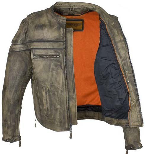 Leather Motorcycle Jacket - Men's - Concealed Carry Pockets - Distressed Brown - MJ796-12-DL - Image 4