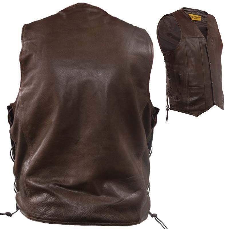 Leather Motorcycle Vest - Men's - Brown - 10 Pocket - MV310-BRN-11-DL - Image 2
