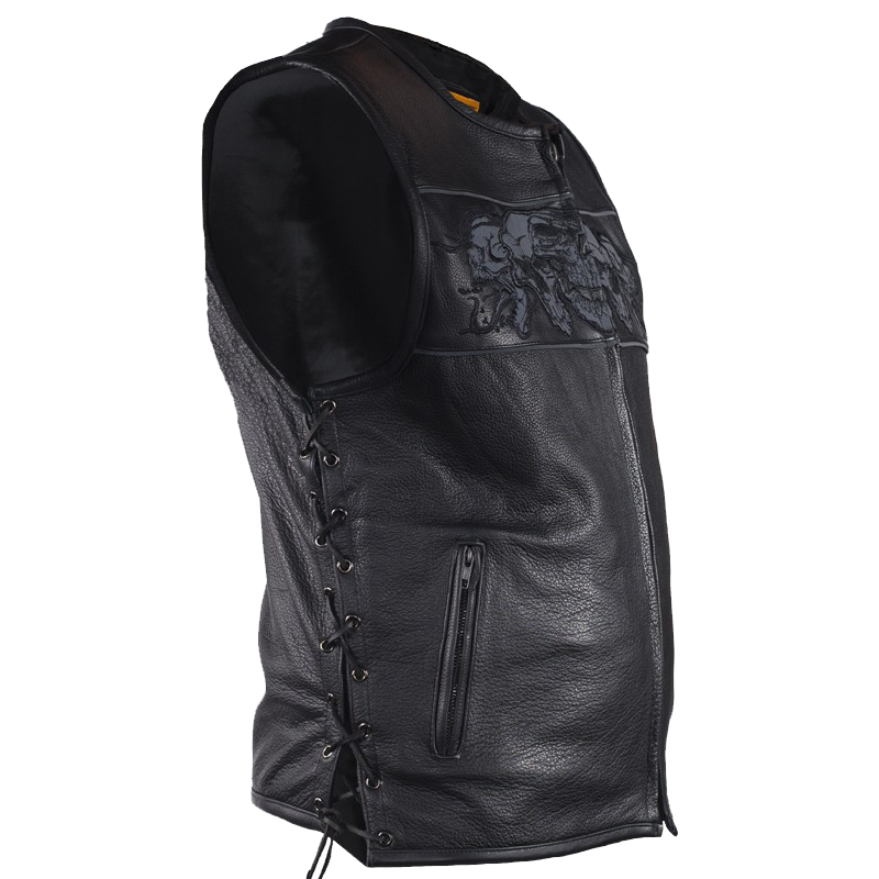 Leather Motorcycle Vest - Men's - Reflective Skulls - Gun Pockets - MV8025-11-DL - Image 3