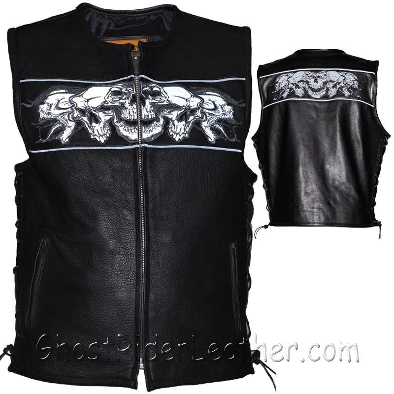 Leather Motorcycle Vest - Men's - Reflective Skulls - Gun Pockets - MV8025-11-DL - Image 2