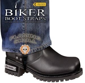Pair of Biker Boot Straps - 6 Inch - Flaming Skull - Motorcycle - BBS-FS6-DS