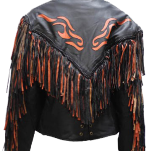Women's Leather Motorcycle Jacket With Orange Flames and Fringe - SKU LJ259-DL