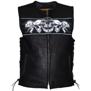 Leather Motorcycle Vest - Men's - Reflective Skulls - Gun Pockets - MV8025-11-DL