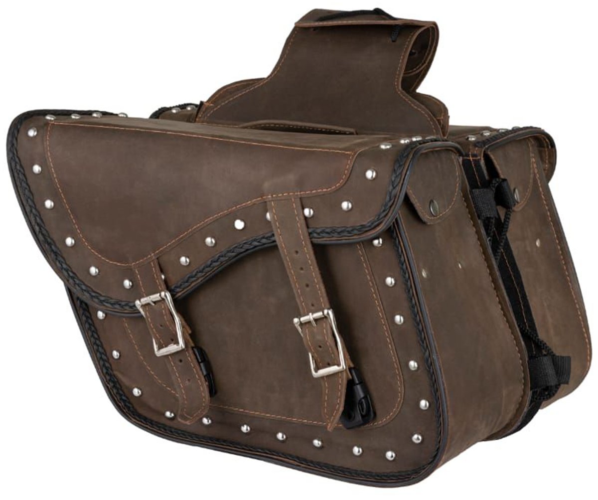Saddlebags - Leather - Vintage Brown - Studs - Motorcycle Luggage - SD4065-STUD-BRN24-DL