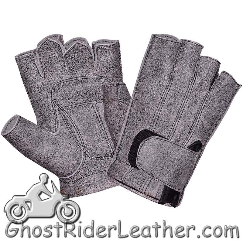 Men's Fingerless Tombstone Gray Leather Motorcycle Riding Gloves - SKU 8133.GN-UN