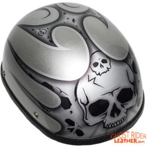 Novelty Motorcycle Helmet - Silver Skulls - Silver Flames - H401-D4-SILVER-DL