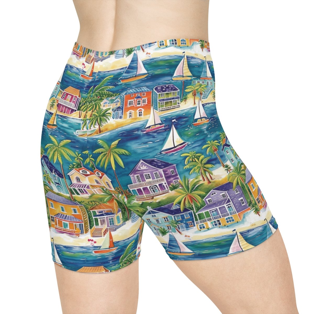 Beach Town with Sailboats - Multiple Beachy Colors - Women's Biker Shorts