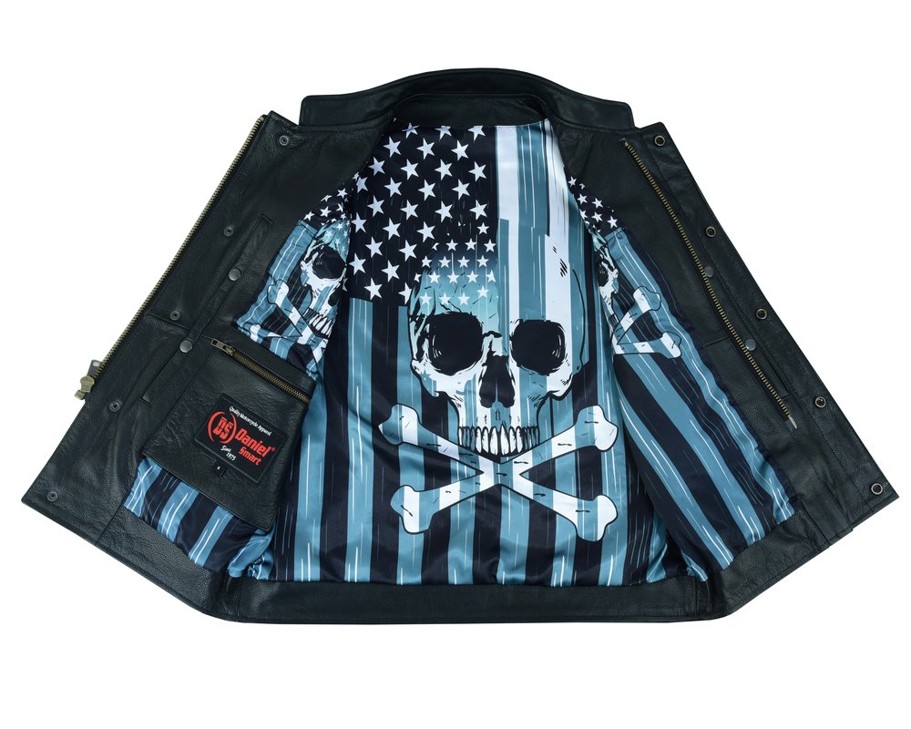 Leather Motorcycle Vest - Men's - Flag and Skull Lining - Club - Up To 8XL - DS193-DS