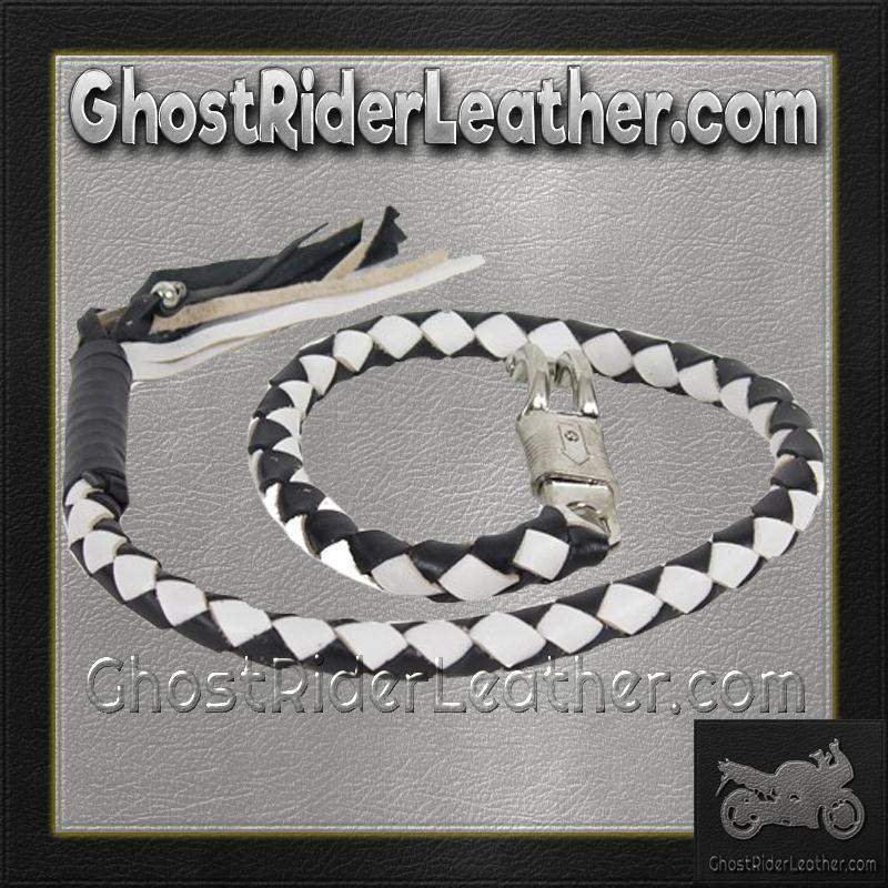 2 Inch Fat Get Back Whip in Black and White Leather - 42 Inches Long - SKU GBW7-11-T1-DL