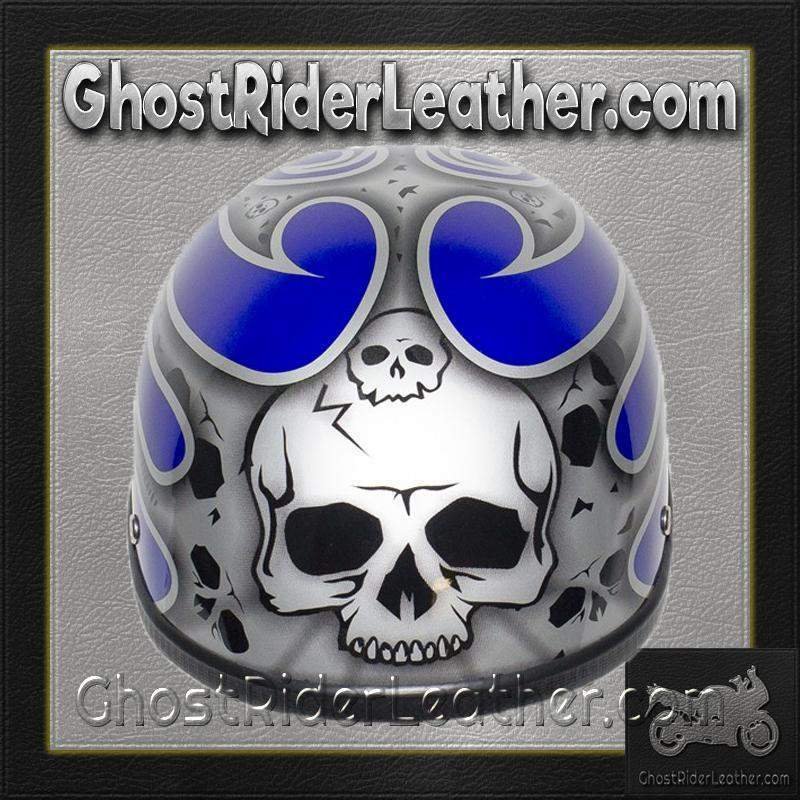 Novelty Motorcycle Helmet - Silver Skulls - Blue Flames - H401-D4-BLUE-1-DL
