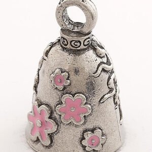 Lady Skull With Pink Bow & Flowers - Pewter - Motorcycle Guardian Bell® - Made In USA - SKU GB-LADY-SKULL-W-DS