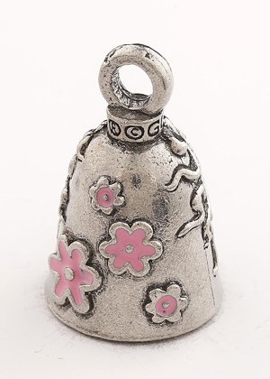 Lady Skull With Pink Bow & Flowers - Pewter - Motorcycle Guardian Bell® - Made In USA - SKU GB-LADY-SKULL-W-DS