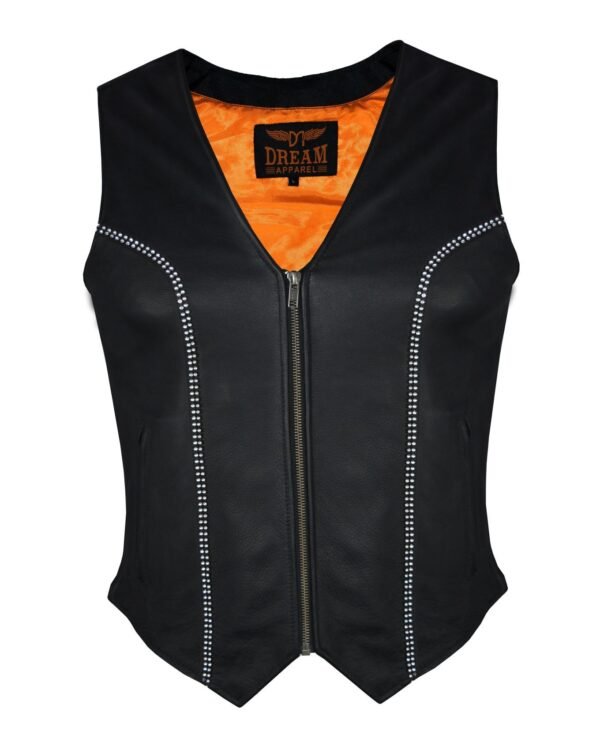 Leather Vest - Women's - Concealed Gun Pockets - Bling - LV8540-11-DL