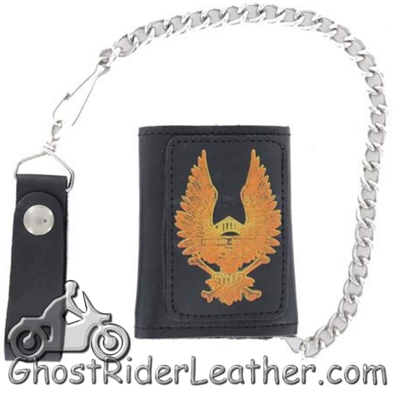 Leather Chain Wallet - 4 Inch Tri-Fold - Black or Brown - Eagle Style - AC55-EAGLE-DL