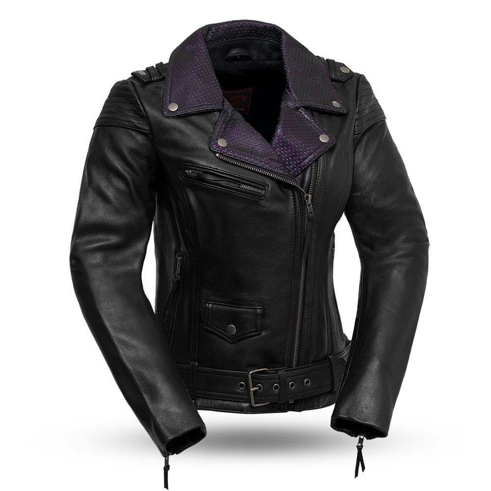 Leather Motorcycle Jacket - Women's - Black With Purple On Collar - Iris - FIL184CJ-FM