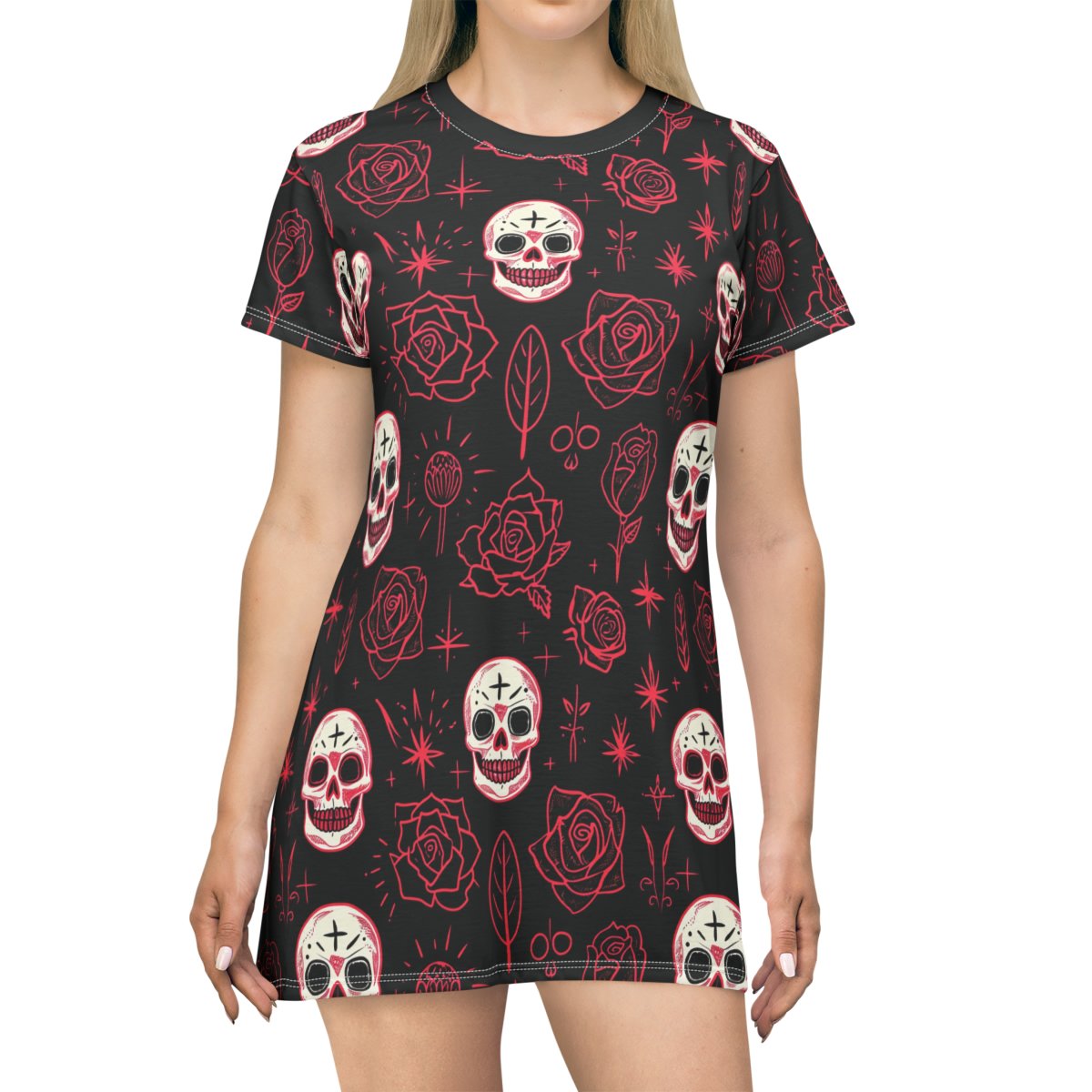Skulls and Roses - Pink White on Black - T-Shirt Dress (AOP) Skulls and Roses - Pink White on Black - T-Shirt Dress (AOP)