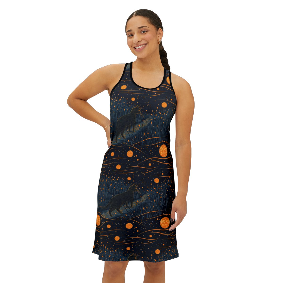 Cat in the Night Sky - Dark Blues Orange Gold Multi Color - Women's Racerback Dress
