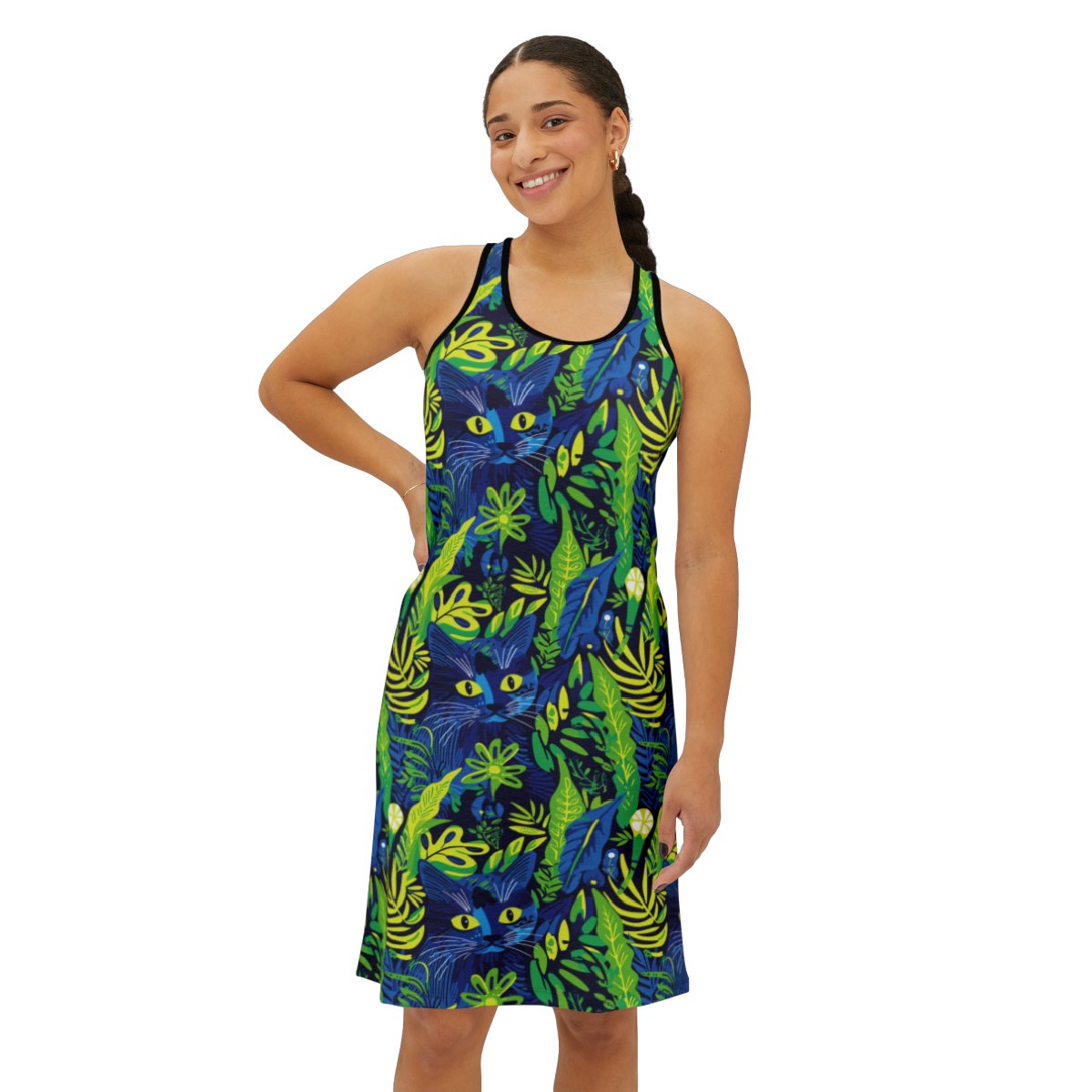 Cat Hiding in the Plants - Blues Greens Yellow - Multi Color - Women's Racerback Dress