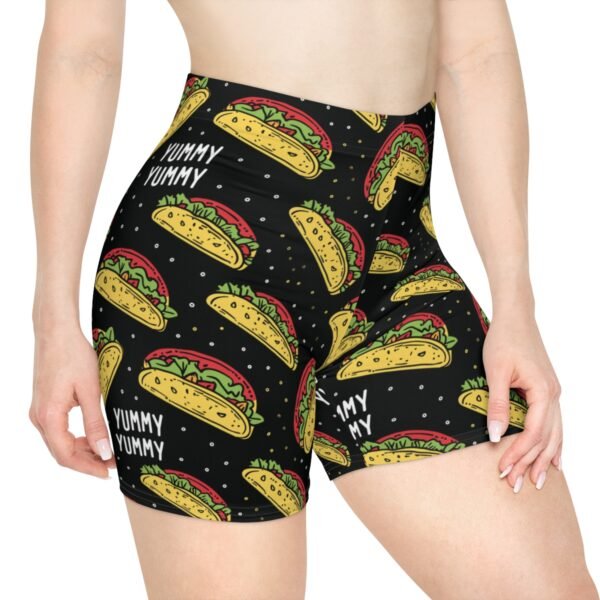 Doodle Tacos - Red Green Yellow on Black - Text Yummy Yummy - Women's Biker Shorts