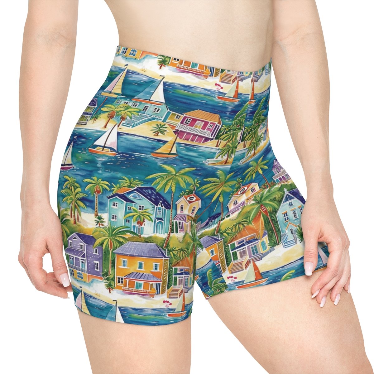 Beach Town with Sailboats - Multiple Beachy Colors - Women's Biker Shorts