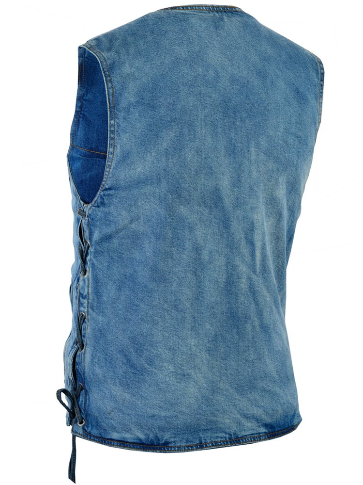 Men's Denim Motorcycle Vest - Blue - Single Panel Back - SKU DM905BU-DS. Big Sizes available. 4X 5X 6X 7X 8X.