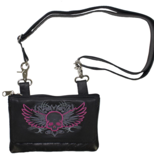 Leather Belt Bag - Pink Flying Skull Design - No Studs - Handbag - BAG35-EBL10-PINK-NS-DL