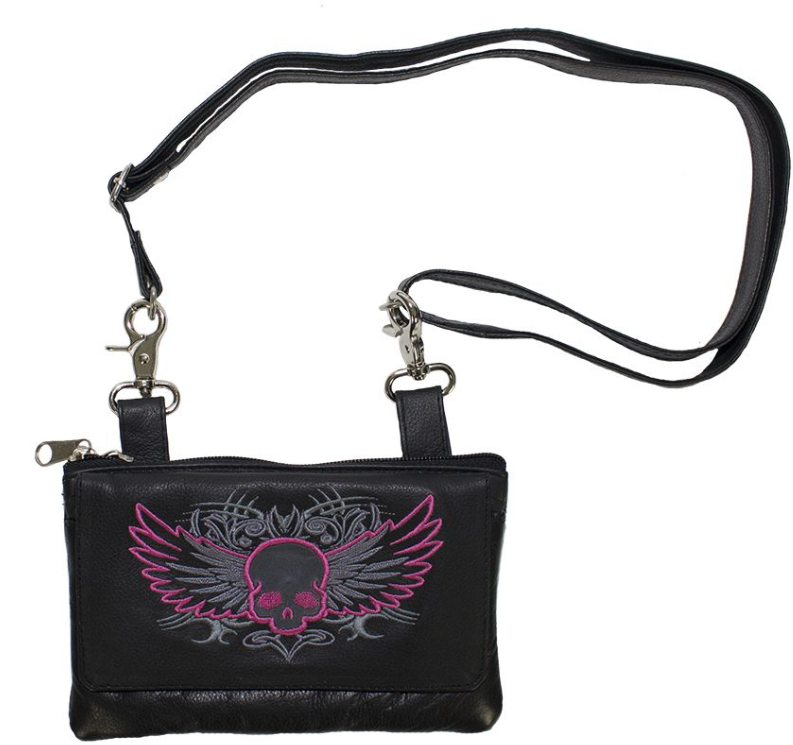 Leather Belt Bag - Pink Flying Skull Design - No Studs - Handbag - BAG35-EBL10-PINK-NS-DL