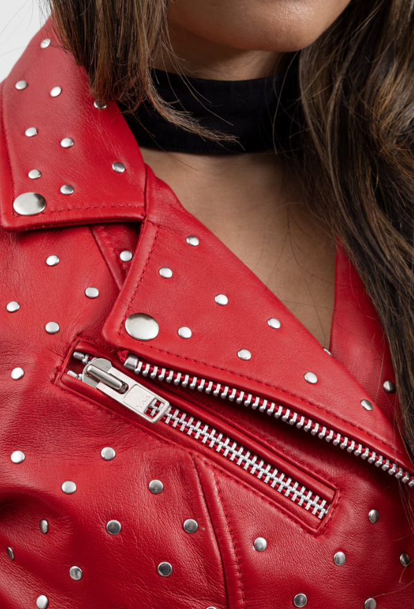 Red Leather Motorcycle Jacket - Women's - Handcrafted Studs - Claudia - WBL1723-RED-FM