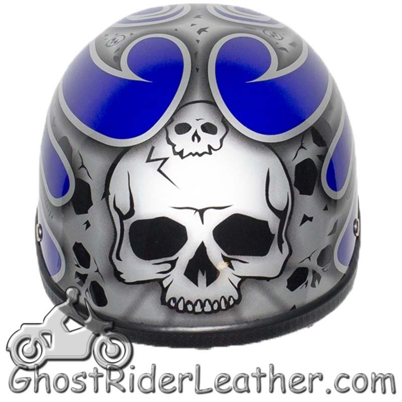 Novelty Motorcycle Helmet - Silver Skulls - Blue Flames - H401-D4-BLUE-1-DL