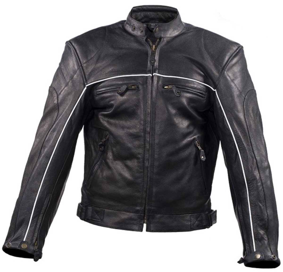 Men's Motorcycle Leather Jacket - Reflective Piping - MJ780-BLK-DL