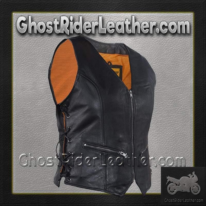 Women's Leather Vest with Side Laces and Concealed Carry Pocket - SKU LV8509-DL