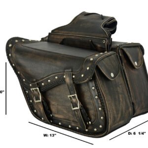 Saddlebags - Leather - Distressed Brown - Studs - Motorcycle Luggage - SD4065-12N-DL