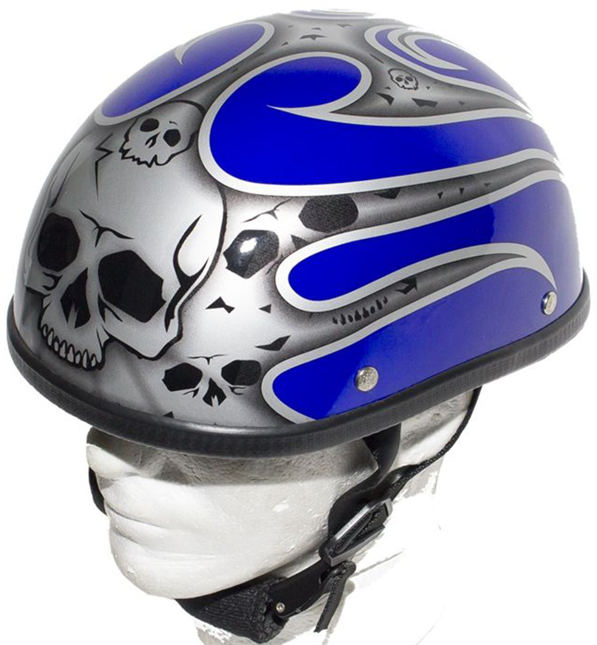 Novelty Motorcycle Helmet - Silver Skulls - Blue Flames - H401-D4-BLUE-1-DL