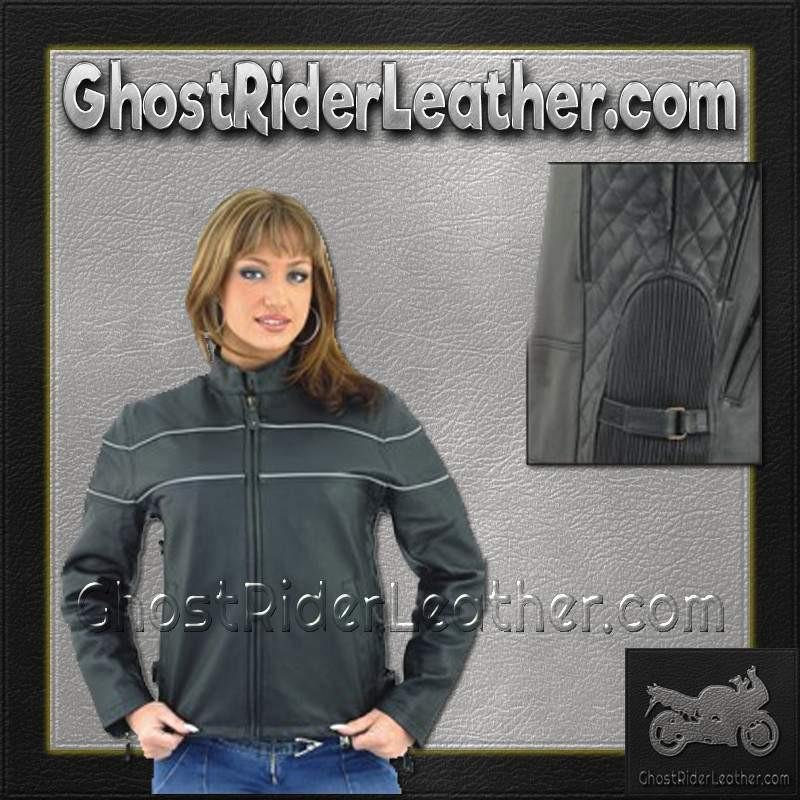 Ladies Reflective Piping Leather Racer Jacket with Air Vents - SKU LJ7900-DL