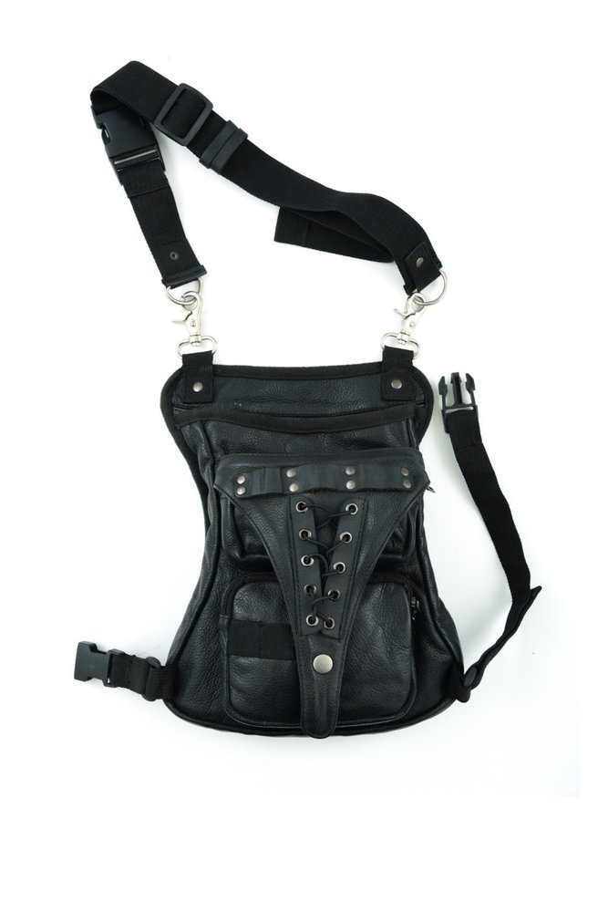 Black Leather Multi Pocket Thigh Bag with Gun Holster Pocket - SKU DS5850-DS