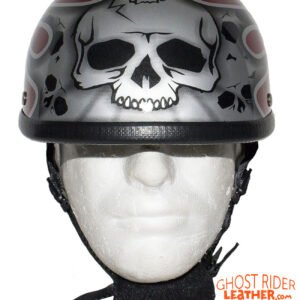 Novelty Motorcycle Helmet - Silver Skulls - Burgundy Flames - H401-D4-BURG-1-DL