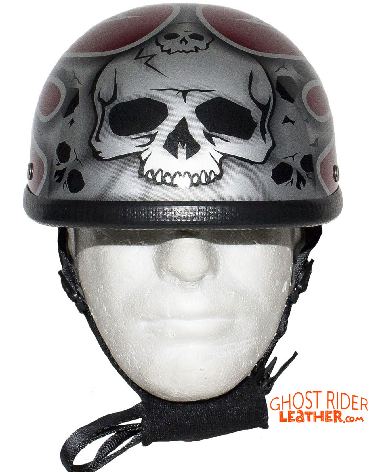 Novelty Motorcycle Helmet - Silver Skulls - Burgundy Flames - H401-D4-BURG-1-DL